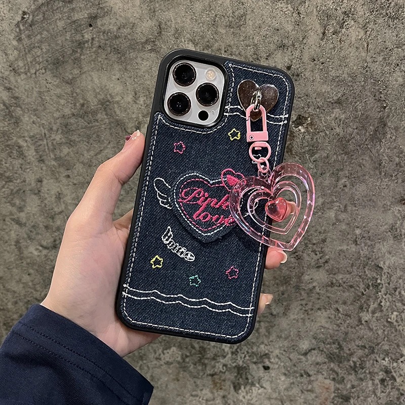 Denim Embroidered Heart Keychain Case