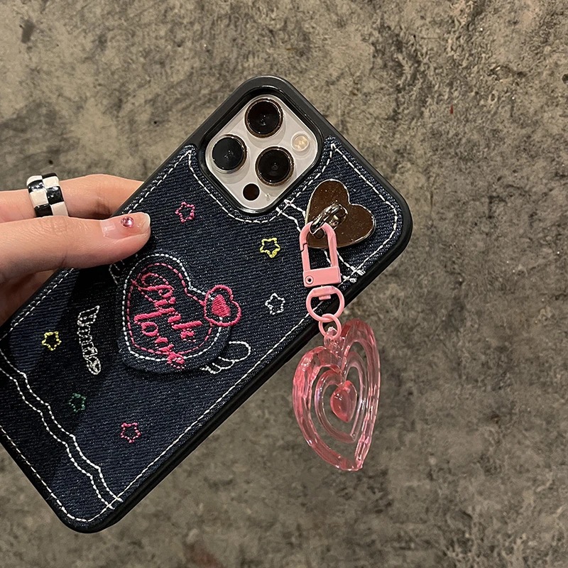 Denim Embroidered Heart Keychain Case - Image 2