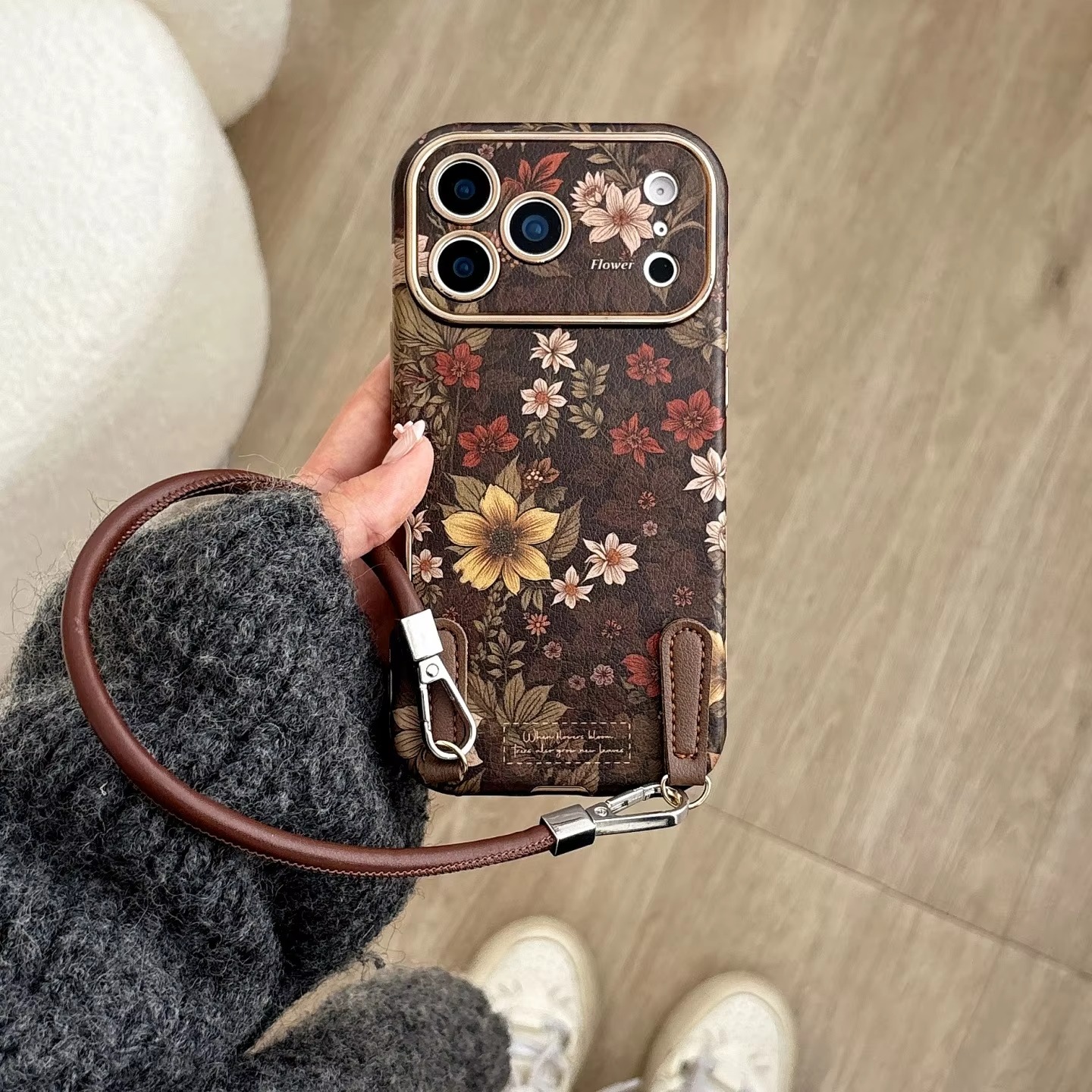 Luxury Brown Floral Leather Case